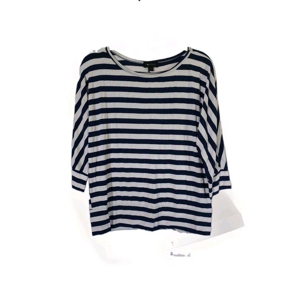 AB Studio Women's Striped Blue & White 3/4 Sleeve Blouse Scoop Neck Size Large